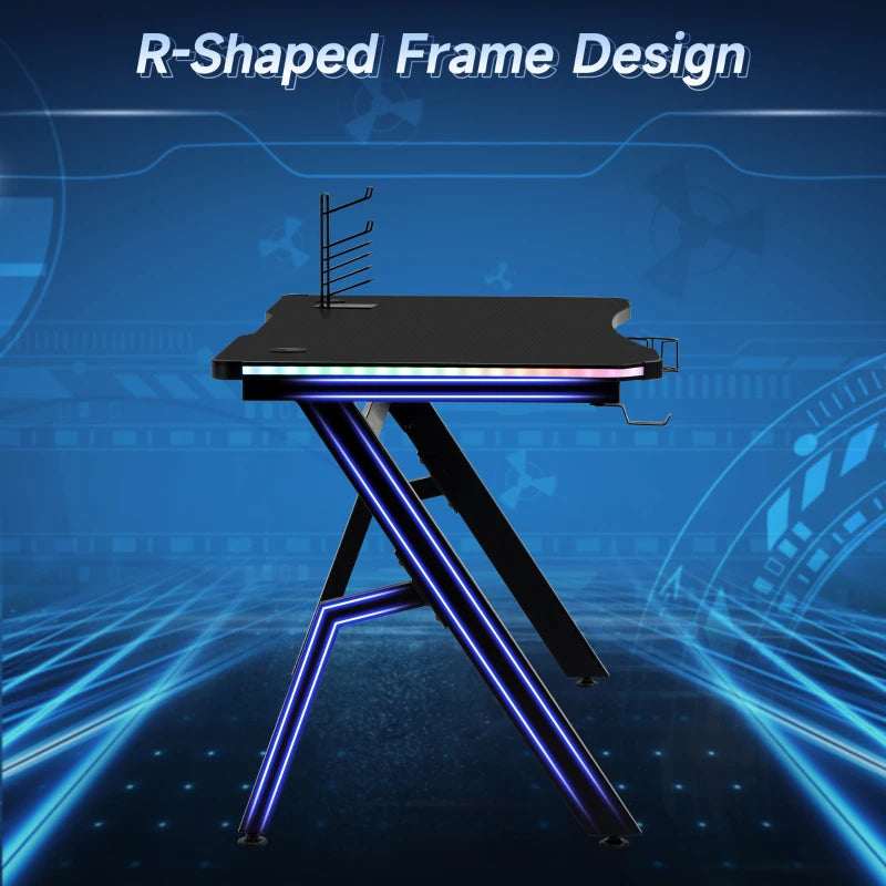 RGB Gaming Desk 120x66cm - Carbon Fibre Surface, Headphone Hook, Cup Holder & Controller Rack - Black Home Office Table