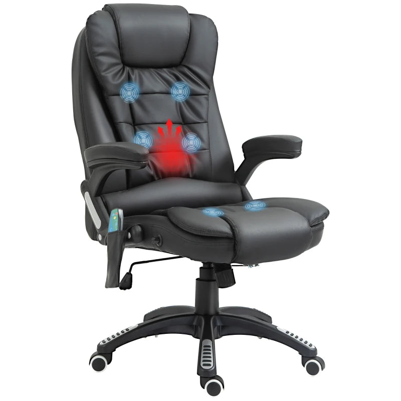 6-Point Heated Massage Office Chair - PU Leather High Back Executive Desk Chair with Adjustable Height & 360° Swivel - Black