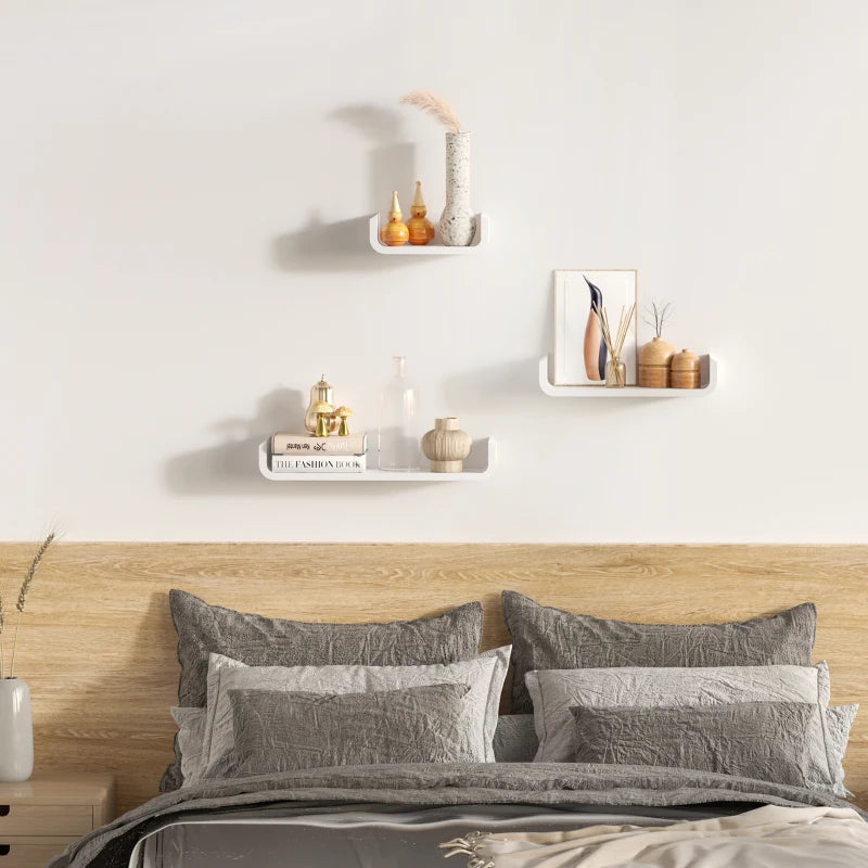Set of 3 Floating Wall Shelves - Invisible Mounting for Bedroom & Living Room - Modern White Design