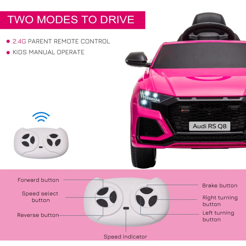 Audi RS Q8 6V Kids Electric Ride-On Car Toy with Remote, USB, MP3, Bluetooth - Pink Color