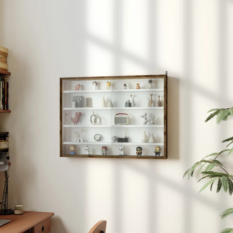 Rustic 5-Tier Wall Display Shelf Unit with 4 Adjustable Glass Doors - 60x80cm Home Office Ornaments Storage