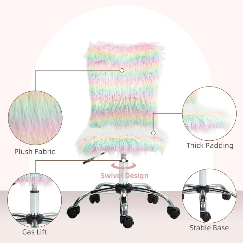 Fluffy Unicorn Desk Chair - Armless Adjustable Height Makeup Vanity Chair with Rolling Wheels for Home Study & Bedroom