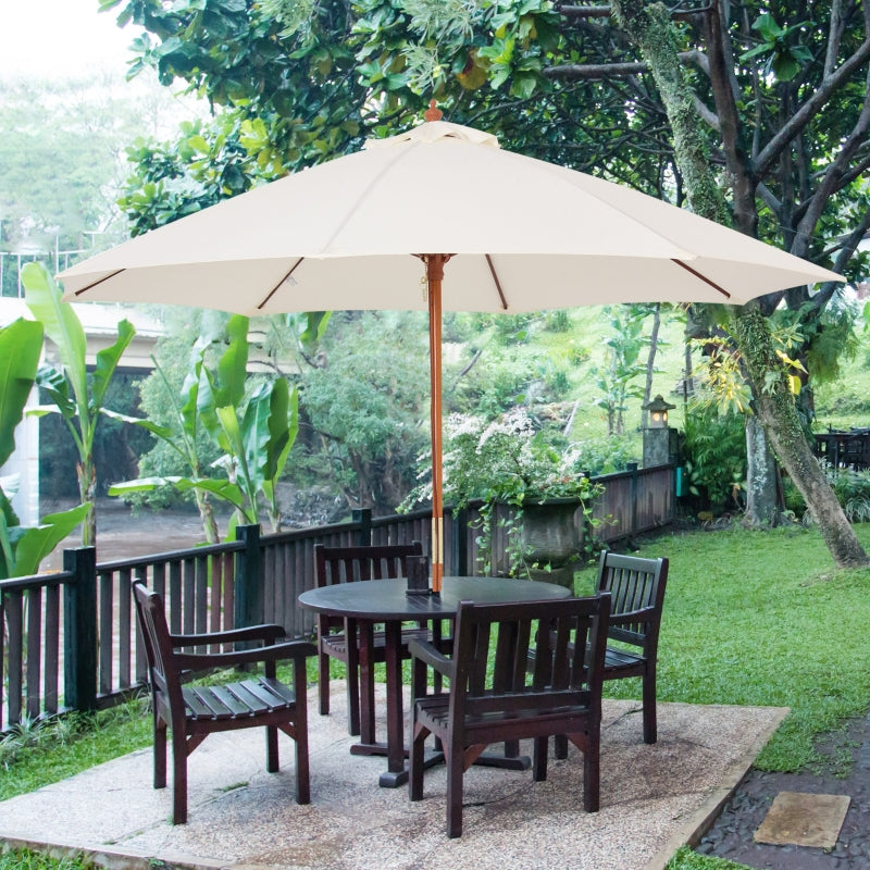 Round Off-White Garden Parasol Umbrella with Wooden Pole