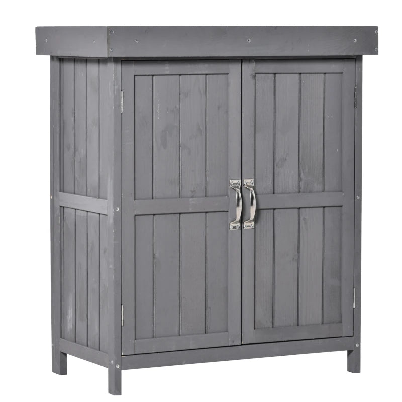 Wooden Garden Shed with Hinged Roof and Removable Shelf Outdoor Tool Storage Cabinet Double Doors 74x43x88cm Grey
