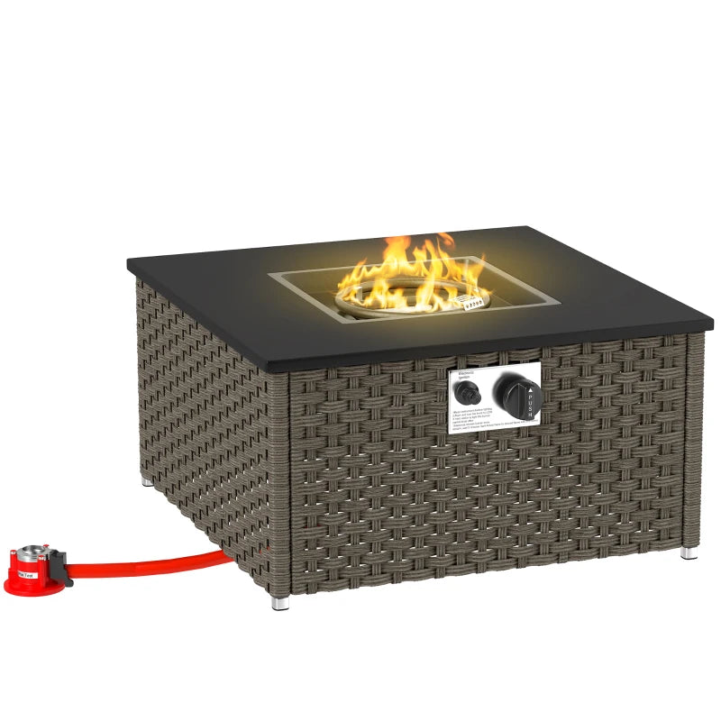 Rattan Gas Fire Pit Table - 13KW Smokeless Propane Heater, Square Outdoor Coffee Table with Lid, 58x58x33cm, Grey