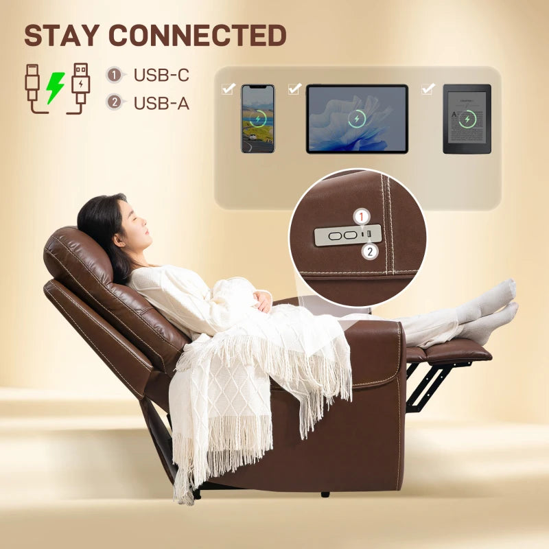 Overstuffed Faux Leather Power Lift Recliner Chair for Elderly with USB Ports and Remote Control, Brown