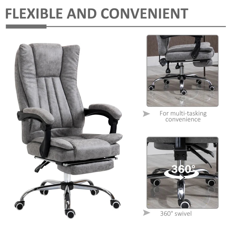 Vinsetto Grey Microfibre Home Office Chair - Reclining Desk Chair with Armrests, Swivel Wheels & Footrest