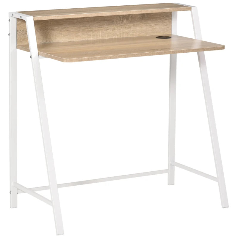 Modern White and Oak Writing Desk - 84L x 45W cm Home Office Computer Table with Storage Shelf for PC & Laptop