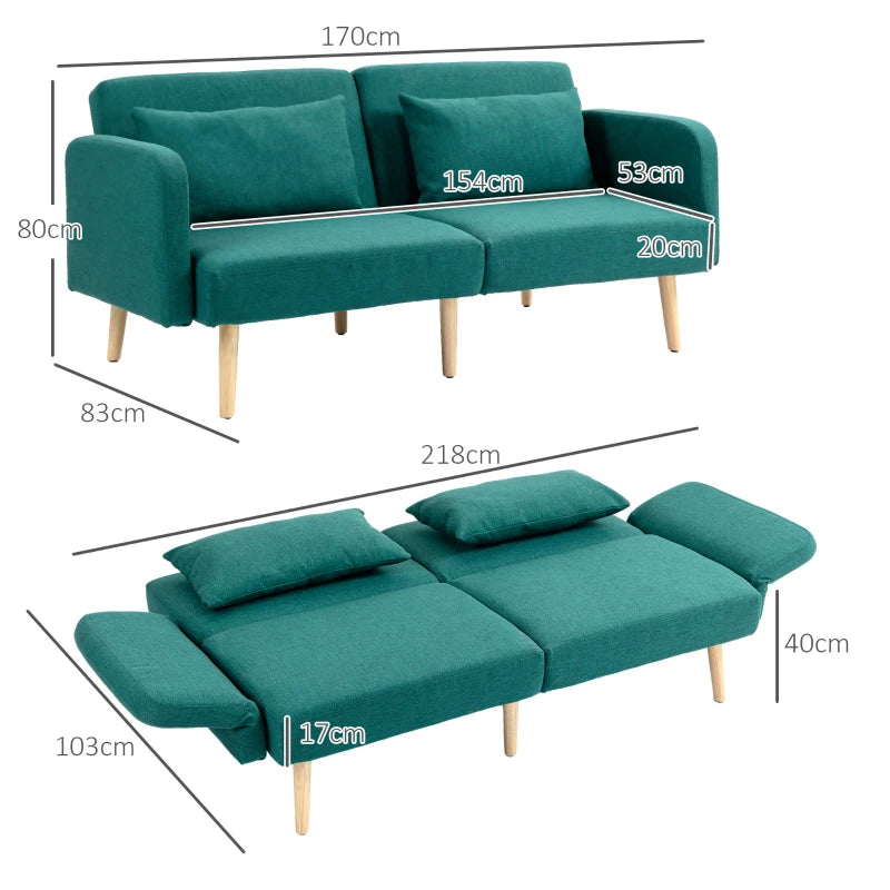 Convertible 2/3 Seater Sofa Bed in Green Fabric with Cushions for Living Room or Guest Room