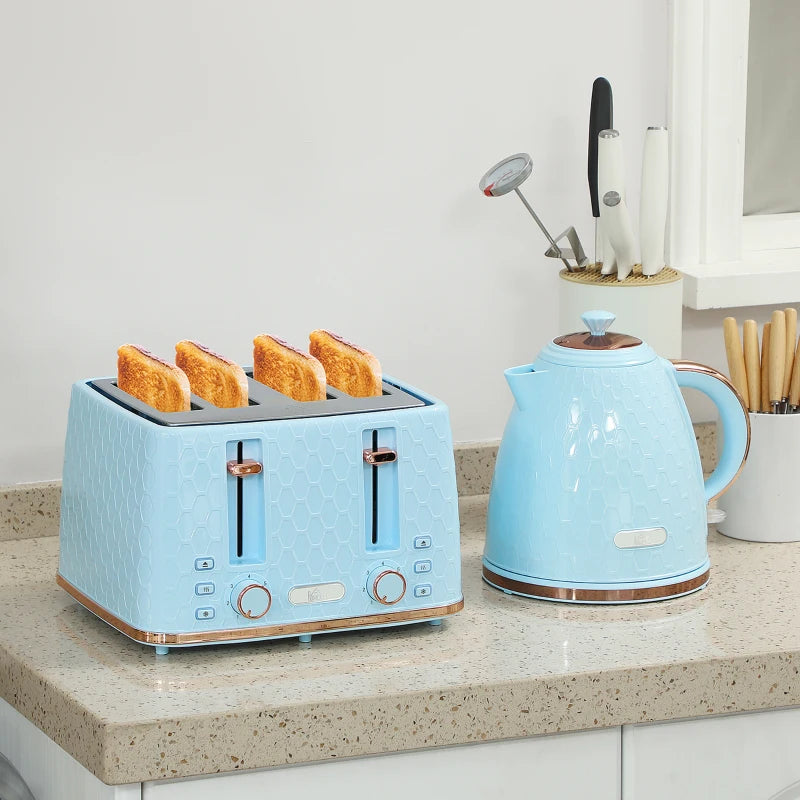 Light Blue Kettle and Toaster Set - 1.7L Fast Boil Jug Kettle & 4 Slice Toaster with 7 Browning Levels