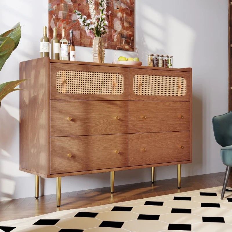 Vintage Rattan Sideboard Cabinet with Storage Drawers - Wooden Chest for Bedroom & Hallway, 120x40x90 cm, Walnut Finish