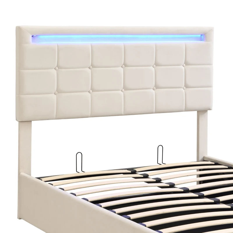 Elegant Velvet Upholstered Double Bed with Storage & LED Lights - Iron Frame, 199x150x123 cm, Beige - Modern Bedroom Furniture