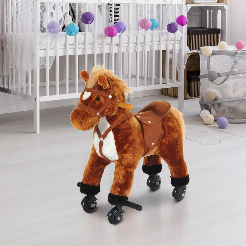 Rocking Horse Plush Toy for Kids - Ride-On Walking Pony with Sound, Ideal for Ages 2 and Up (Brown)