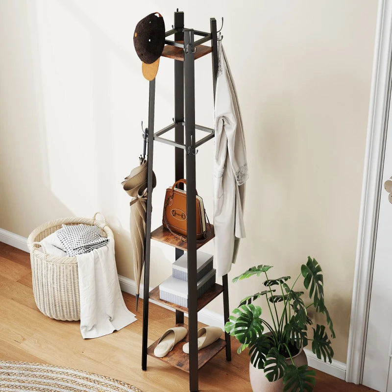 Industrial-Style Four Shelf Coat Stand - Rustic Brown and Black Entryway Organizer for Coats, Hats, and Accessories
