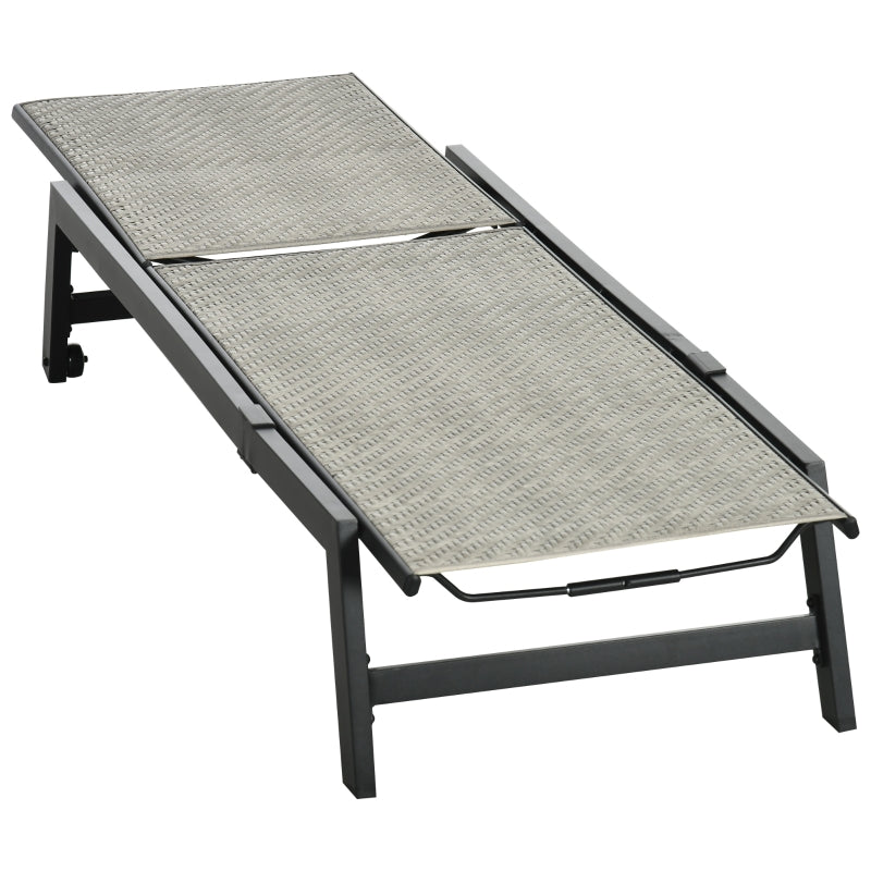 Grey Rattan Sun Lounger with 5-Position Backrest and Wheels