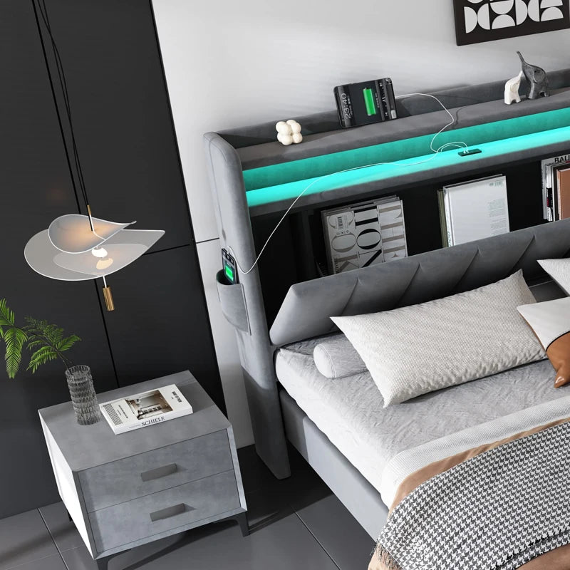 Velvet Upholstered Double Bed with Storage & LED Light Strip, 4 USB Ports, Grey - 204L x 140W x 107H cm