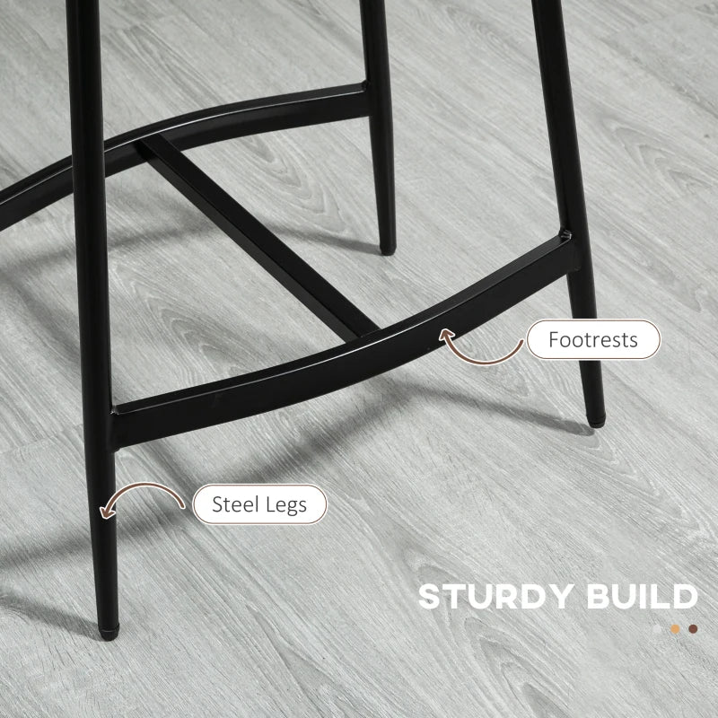 Set of 2 Microfibre Upholstered Breakfast Bar Stools - Industrial Curved Seat Bar Chairs with Steel Frame, Brown