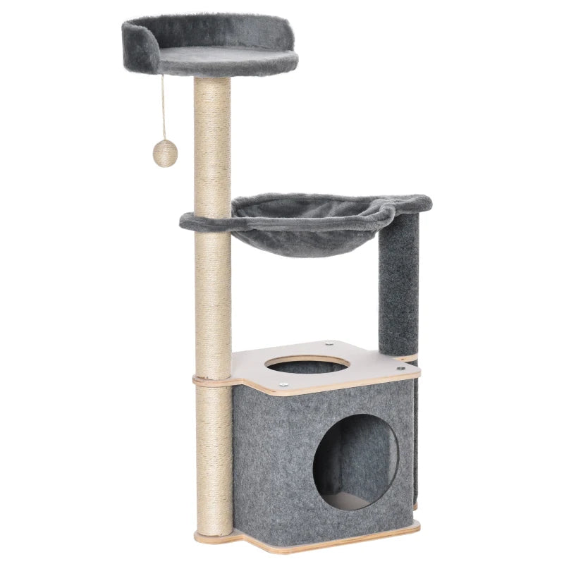 95cm Cat Tree for Indoor Cats - Climbing Tower with Scratching Post, Condo, Hammock & Hanging Toy - Grey