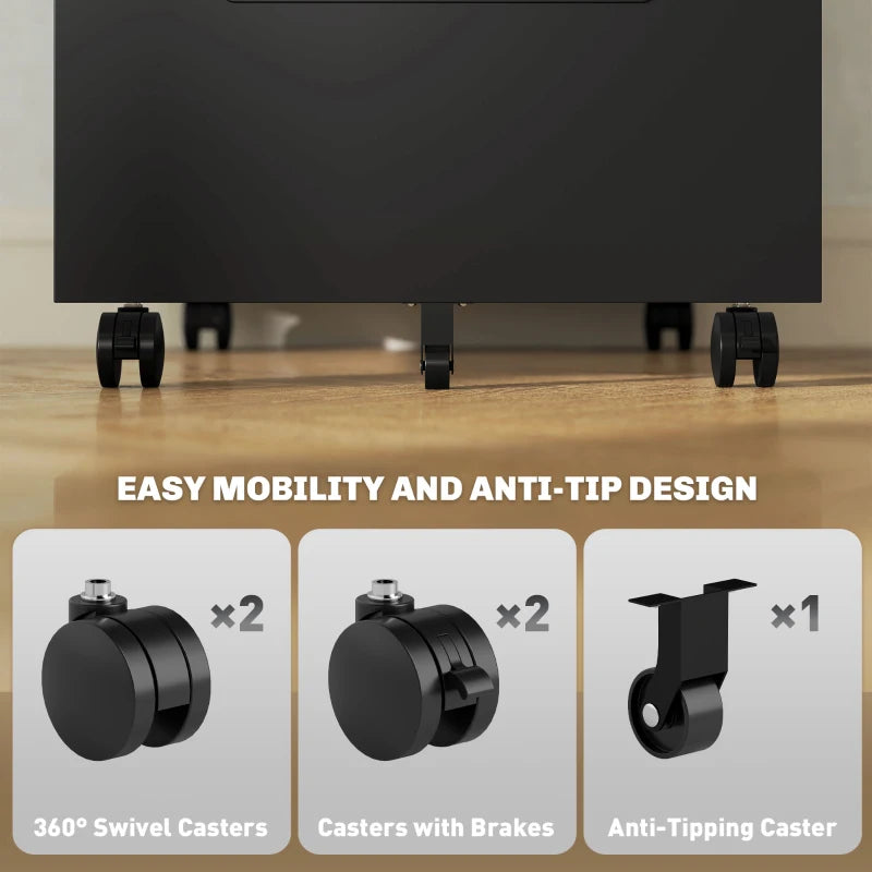 Vinsetto Black Three-Drawer Steel Filing Cabinet - Durable Office Storage Solution for Organizing Documents and Files