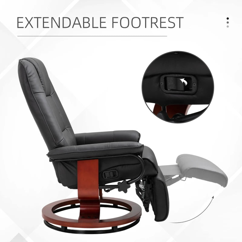 Manual Recliner Armchair with Faux Leather Upholstery and Wooden Base for Living Room or Bedroom, Black