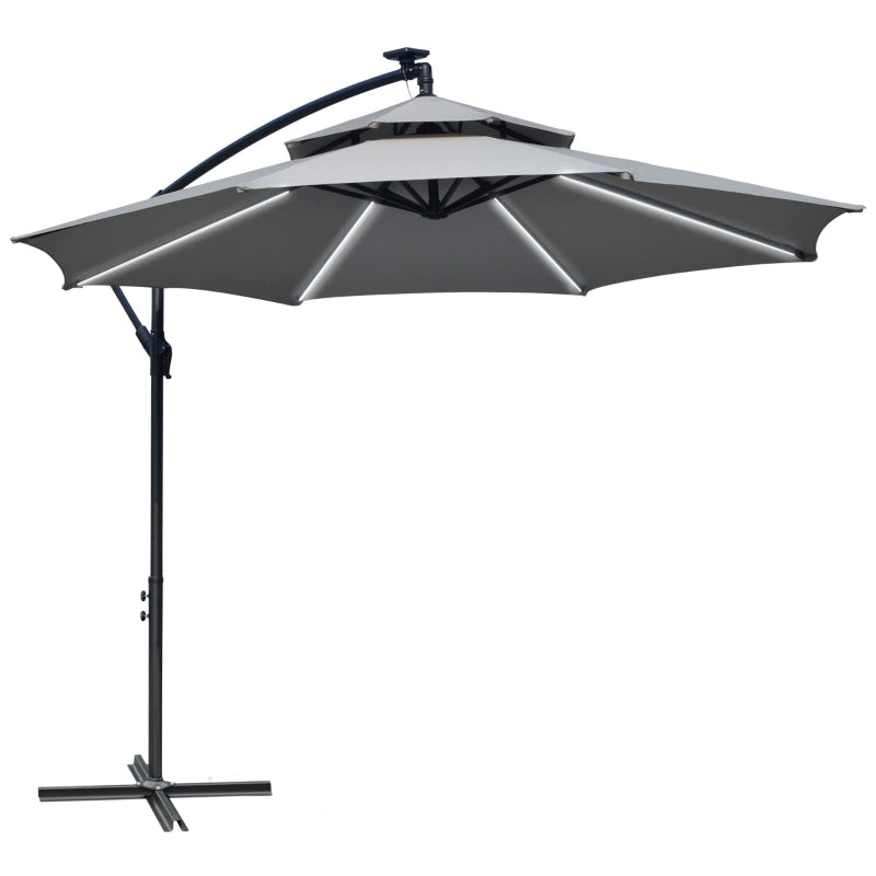 Light Grey Cantilever Hanging Umbrella with LED Solar Lights