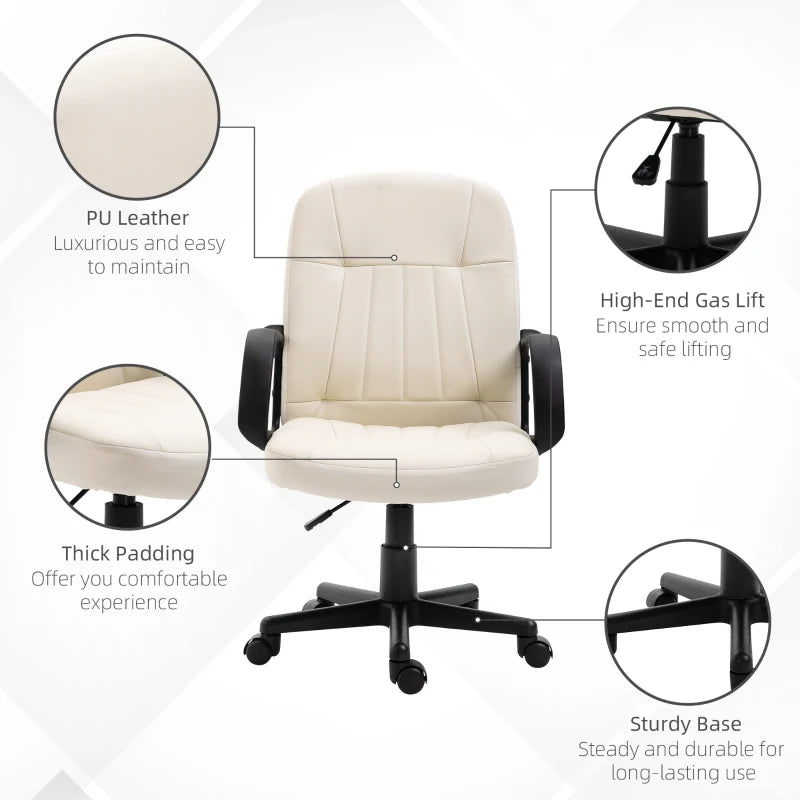 Cream White PU Leather Office Chair - Adjustable Height, Swivel Wheels, Perfect for Home Office & Study