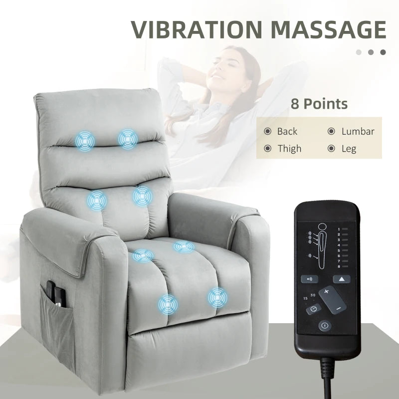 Electric Power Lift Recliner Chair with Vibration Massage, Remote Control and Side Pockets in Grey