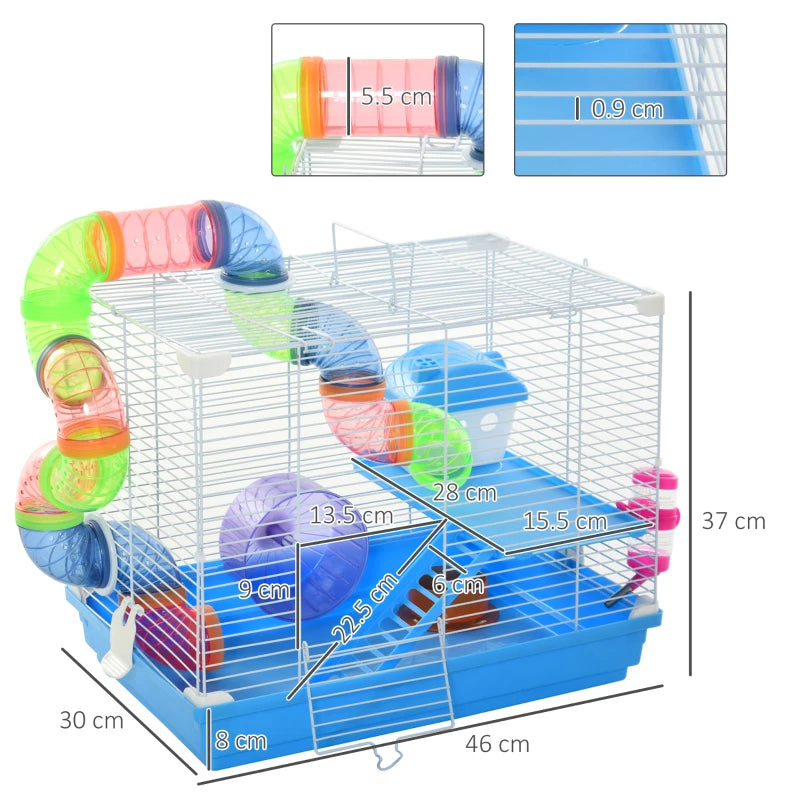 Blue 2-Tier Hamster Cage with Handle, Exercise Wheels, Tunnel, Water Bottle & Accessories for Dwarf Gerbils