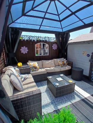 Deluxe 3x3m Garden Gazebo with Curtains & Mosquito Netting – Dark Grey Aluminium Frame & Polycarbonate Roof for Patio