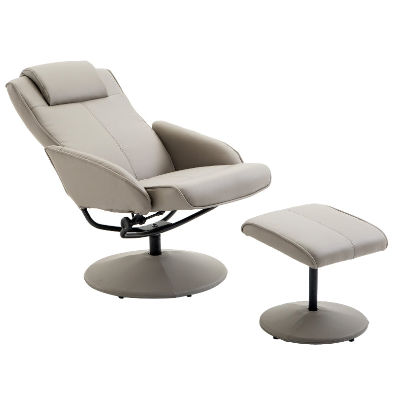 Swivel PU Leather Recliner Chair with Footstool and Adjustable Backrest for Living Room and Bedroom in Grey