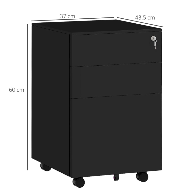 Vinsetto 3-Drawer Vertical Filing Cabinet - Mobile Steel File Cabinet with Lock, Pencil Tray & 5 Wheels, Pre-Assembled, Black