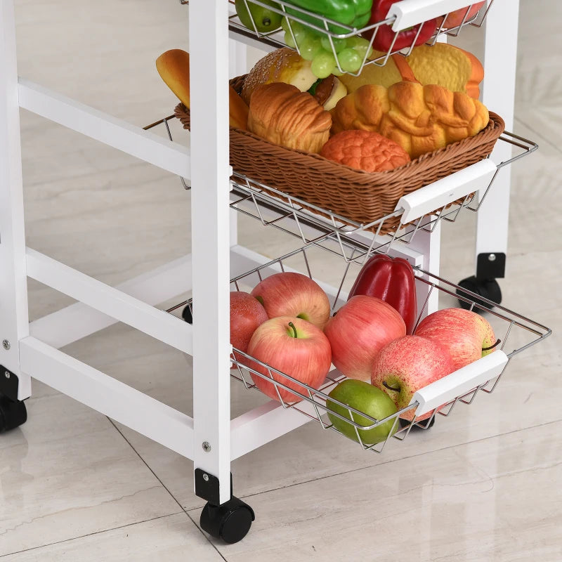Drop-Leaf Kitchen Cart Trolley with 3 Baskets & Drawer - Rolling Storage Unit on 6 Wheels - White Oak Tone