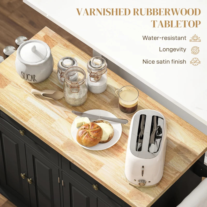 Rolling Kitchen Island Storage Trolley with Rubber Wood Top & Drawers - Stylish Black Dining Room Cart