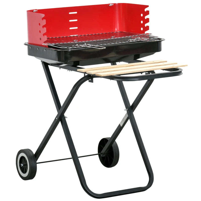 Portable Charcoal BBQ Grill with Windshield and Side Trays, Black/Red