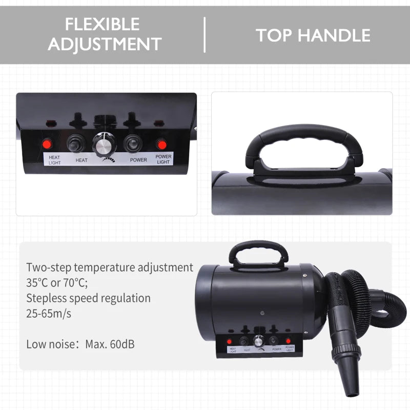 Professional Dog Hair Dryer - Adjustable Speed & Temperature Pet Grooming Blaster with 2.1M Hose & 3 Nozzles - Black