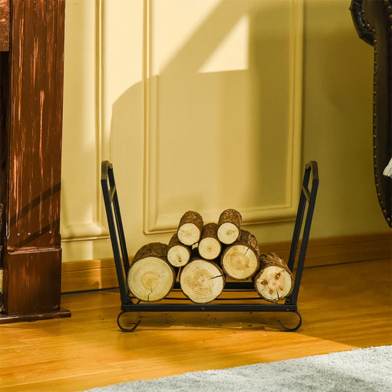 Metal Firewood Log Holder Rack - Indoor Outdoor Folding Fireplace Wood Storage Shelf, Rust-Resistant, Black, 48x34x37cm