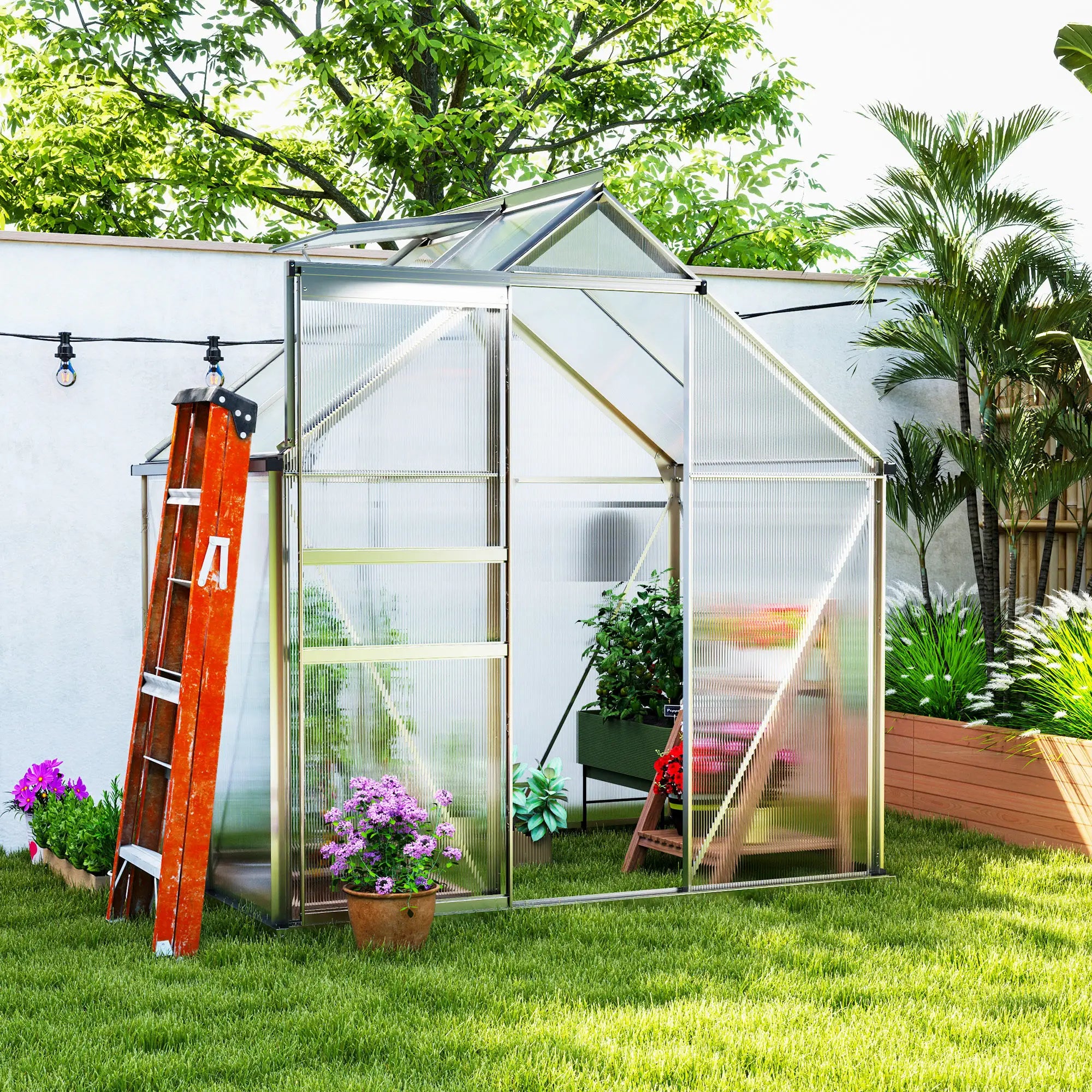 192.5cm x 131cm Walk-In Polycarbonate Greenhouse - Silver-Tone With Window hatch