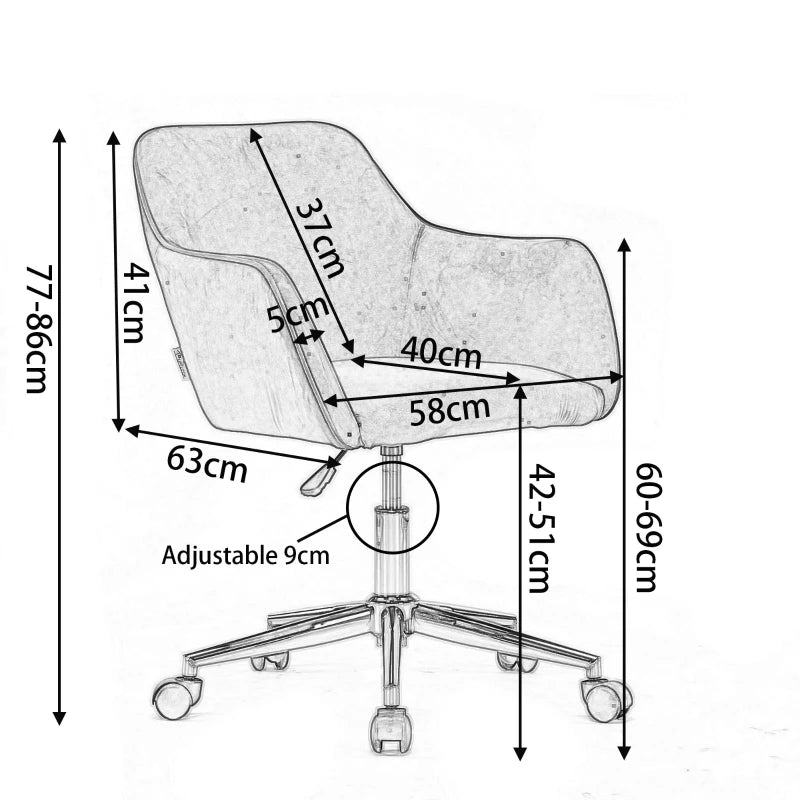 Ergonomic Yellow Velvet Swivel Office Chair with Gold Legs and Adjustable Height, 58x58x86 cm