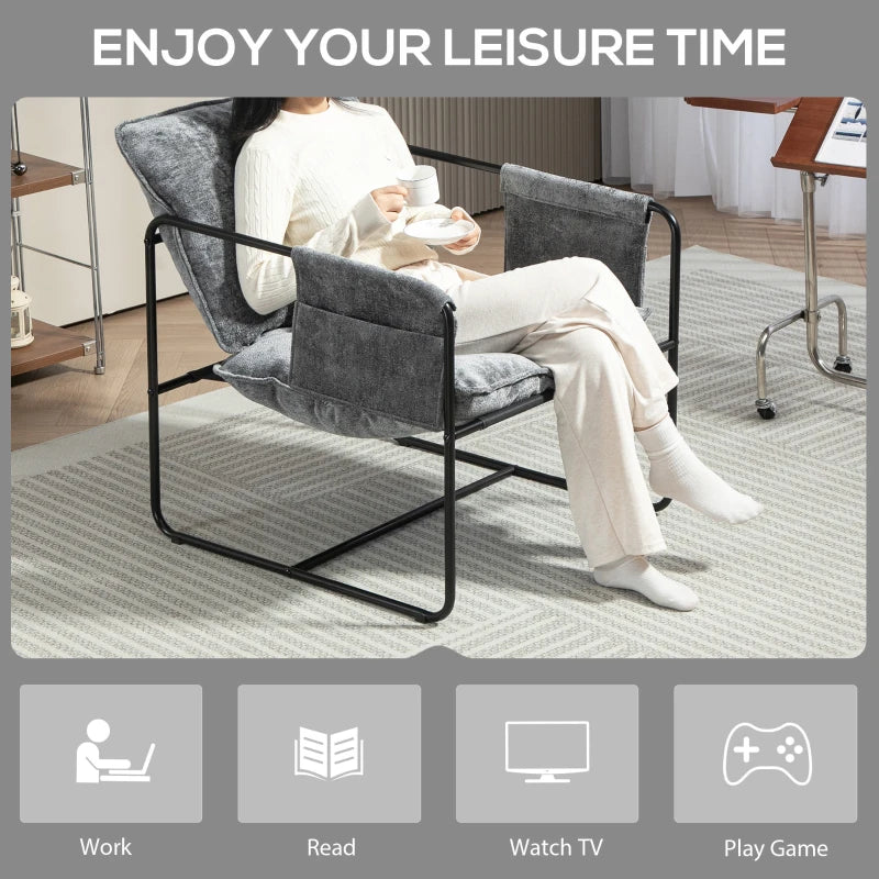 Minimalist Grey Padded Accent Chair with Convenient Pockets for Stylish Living Spaces