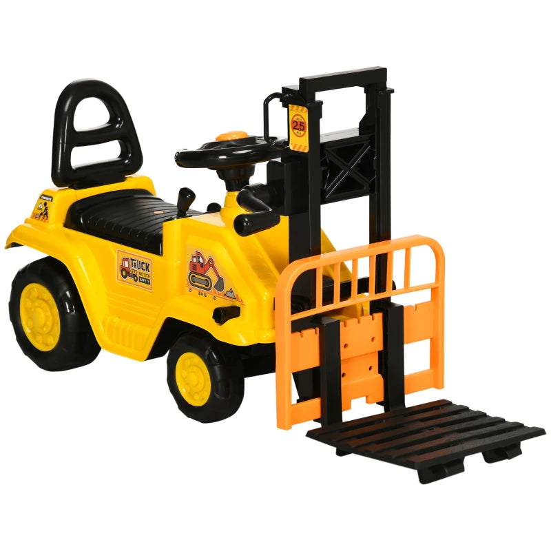 Kids Ride-On Construction Vehicle with Fork and Tray Sounds in Bright Yellow