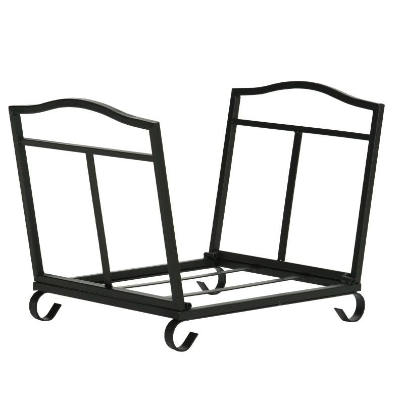 Metal Firewood Log Holder Rack - Indoor Outdoor Folding Fireplace Wood Storage Shelf, Rust-Resistant, Black, 48x34x37cm