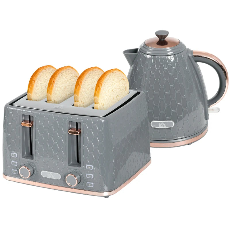 1.7L 3000W Fast Boil Kettle & 4 Slice Toaster Set - Grey, 7 Browning Controls, Crumb Tray, Kitchen Essentials