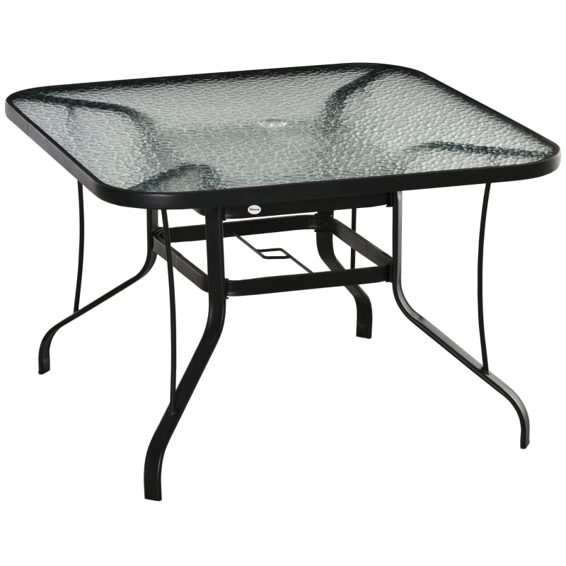 Black Square Outdoor Dining Table with Parasol Hole, Tempered Glass Top, Steel Frame