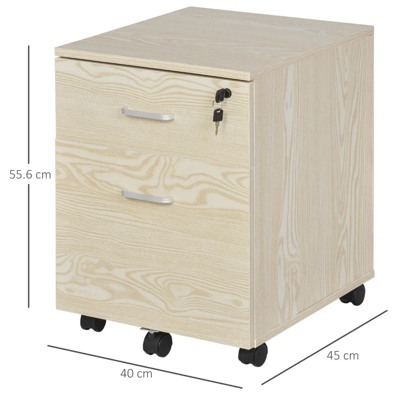 Vinsetto 2-Drawer Locking Office Filing Cabinet with 5 Wheels - Oak Wood Grain Storage for A4 Files & Home Organization