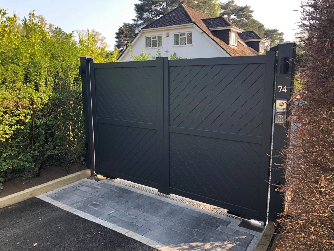 Readymade Aluminium Double Swing Driveway Gate - Diagonal Solid Infill