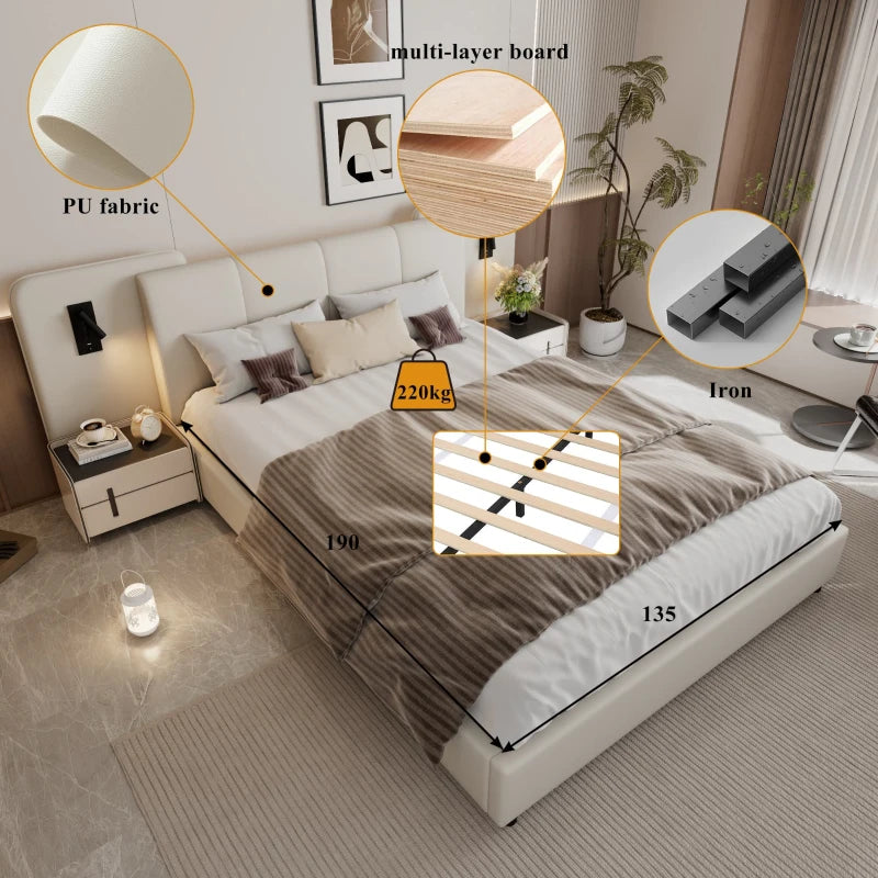 Upholstered Double Bed with Charging Port & Lighting, Impact-Resistant Headboard, 209x221x86.5 cm, Beige - Modern Bedroom Furniture