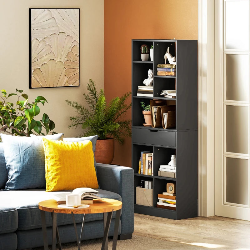 Tall Black Bookshelf with Drawer - Freestanding Bookcase for Bedroom, Living Room & Home Office Storage Solution