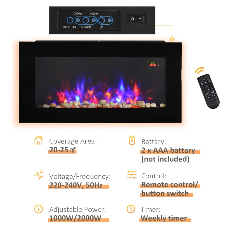Curved Glass Electric Wall Mounted Fireplace for Living Room 1000W 2000W Black 48H x 90.8W x 11.5Dcm