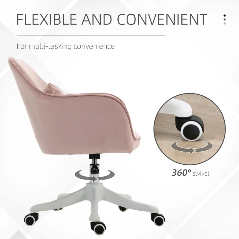 Vinsetto Pink Velvet Office Chair with Massage Lumbar Pillow, Rolling Wheels - Stylish Desk & Makeup Vanity Chair for Home