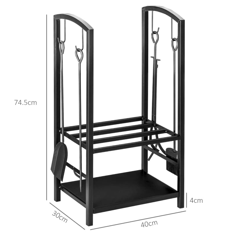 Metal Firewood Log Holder Rack - 2 Layer Indoor Outdoor Fireplace Wood Storage with Tools & Hooks, Black, 40L x 30W x 74.5H cm